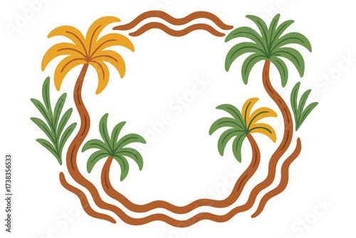 Wavy groovy round frame with tropical palm plants. Boho naive hand drawn design template. Modern summer print. Floral botanic vector illustration for exotic travel logos.
