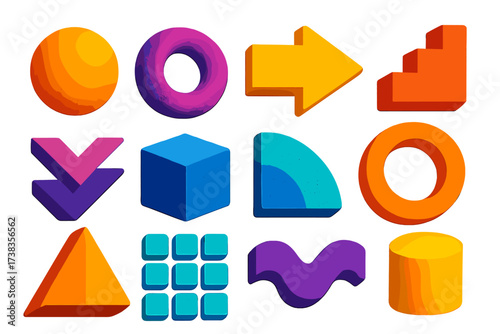 Set of colorful 3D geometric shapes with texture. Brutalism style vector elements for modern design. Abstract bold figures like cube, sphere, arrow for trendy graphic projects.