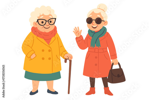 Two cute old ladies wearing fashionable clothes. Funny elder female characters in bright coats. Active senior lifestyle concept. Happy grandmothers friends. Flat vector illustration.
