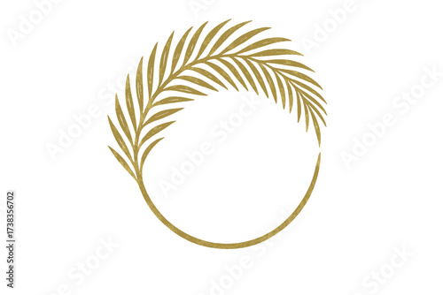Golden palm leaf round frame. Hand drawn tropical leaf circle for logo design. Minimalist luxury elegant boho decor element. Vintage summer foliage icon. Exotic plant wreath.