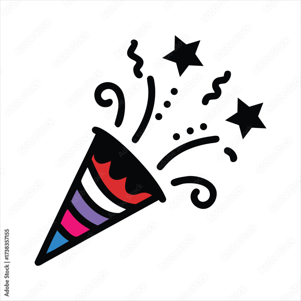 Obraz premium Colorful Party Popper Vector Icon – Celebration Confetti Explosion with Stars and Streamers