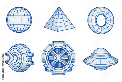 Set of retrofuturistic 3D wireframe geometric shapes. Sci-fi holograms and futuristic mechanisms. Engine blueprint, UFO, and technical drawing in a cyberpunk style.