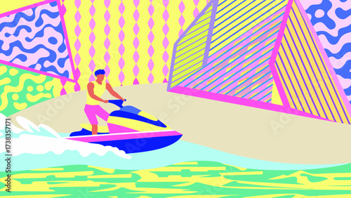 Colorful Pop Vector Art Illustration of Man Riding Jet Ski on Water Vibrant Retro Pop Style Summer Sport and Adventure Concept