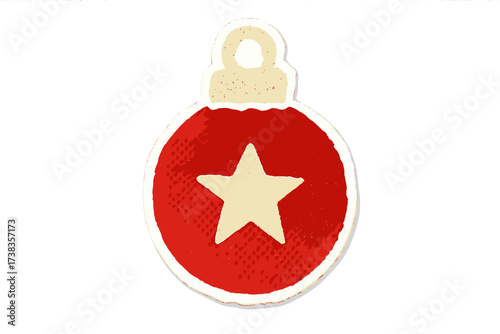 Christmas bauble torn paper collage. Xmas tree ornament with star. Halftone texture sticker. Cut out of magazine clipping for scrapbooking. Retro vector illustration element.