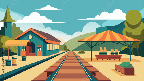 A traditional railway station situated in the heart of a peaceful village with a stone platform and a bustling market nearby.