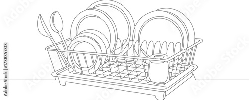 Simple Outline Illustration Dish Rack With Dishes And Cutlery Line Art