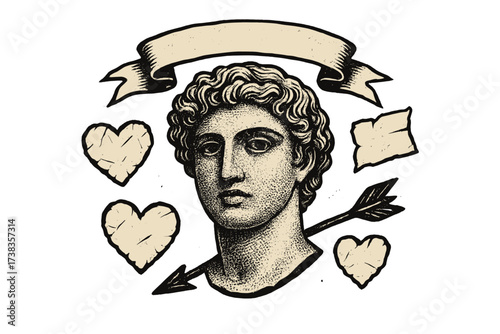 Antique Greek god statue bust with Cupid's arrow and hearts for Valentine's Day. Grungy engraved vintage vector design with halftone texture, torn paper stickers, and banner.