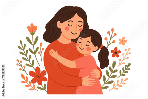 Happy Mother's Day greeting card. Vector illustration of a mother and daughter hugging. Tender moment of maternal love, affection and care. Family bond concept with flowers.