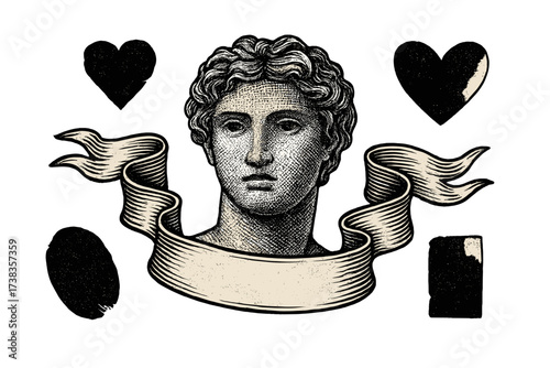 Valentine's day vector set. Engraved antique statue face, ribbon banner, torn paper stickers, grunge textures, and halftone hearts. Vintage classic Greek sculpture design kit.