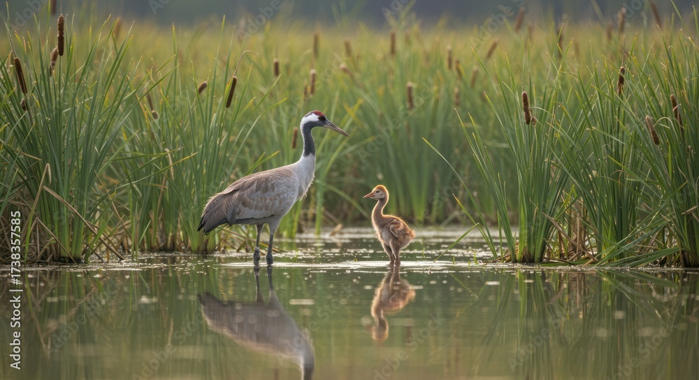 Naklejka premium Elegant crane standing in wetland, symbol of grace and longevity, perfect for wildlife, nature, and bird photography themes.