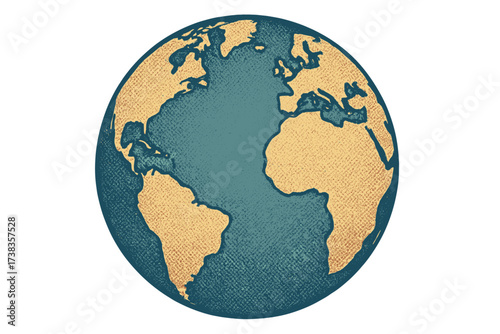 Vintage globe illustration with gold continents and textured details. World map concept for travel, global business, and environmental themes. Retro planet earth design.