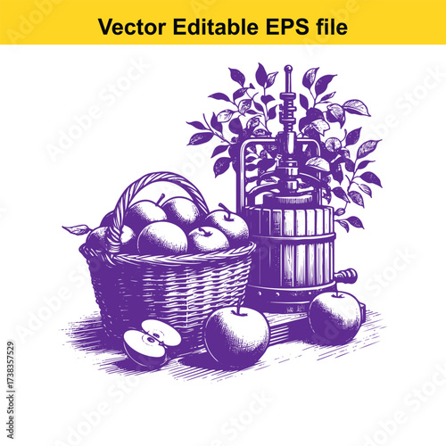 Vector art of vintage apple press with basket of apples