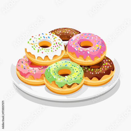 Colorful Donuts on White Plate with Sprinkles and Glaze Variety Sweet Treats Assorted Flavors Delicious Pastries in Still Life Presentation