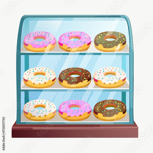 Donuts Displayed in a Glass Case with Pink White and Chocolate Frosting Toppings on a White Background Illustration