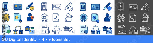 Set of 9 vector icons about EU digital identity and trust services: wallet, ID card, qualified signature, e-seal, timestamp, attributes, cross-border login, credential issuance, revocation