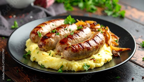 Grilled Sausages with Creamy Mashed Potatoes and Caramelized Onions.