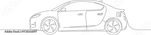 Continuous Line Drawing Electric Automobile with Charging Cable Illustration