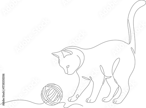 Minimalist Continuous Line Drawing Cat Playing with Ball of Yarn Illustration