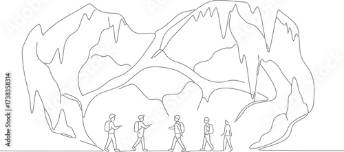 Line Art People Exploration Inside an Enormous Cave Illustration Scene