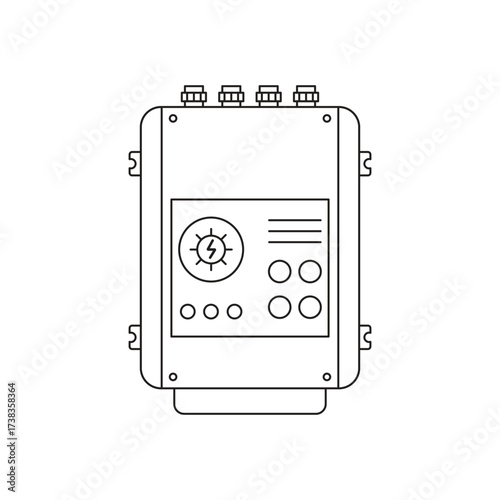 Line vector illustration of a solar power inverter device with control panel and buttons, representing renewable energy technology and electricity system, isolated on white background.