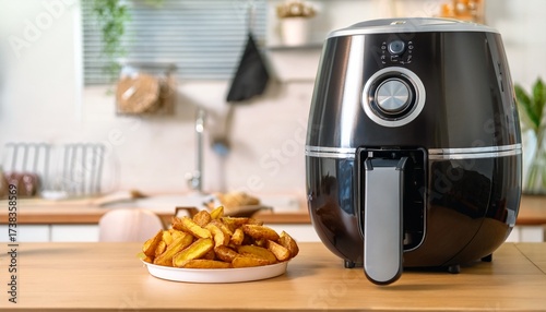 air fryer machine cooking potato fried in kitchen lifestyle of new normal cooking