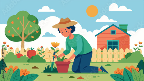 A person happily gardening in their backyard reaping the benefits of growing their own organic produce.. Vector illustration