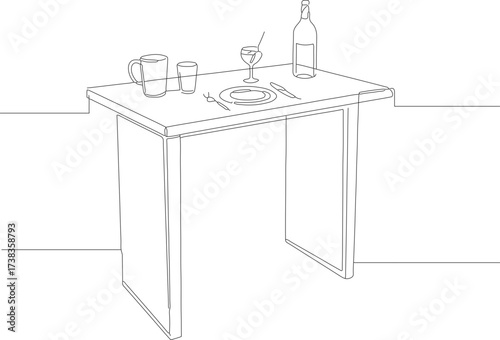 Minimalist Outline Kitchen Table with Dinner Set Still Life Illustration