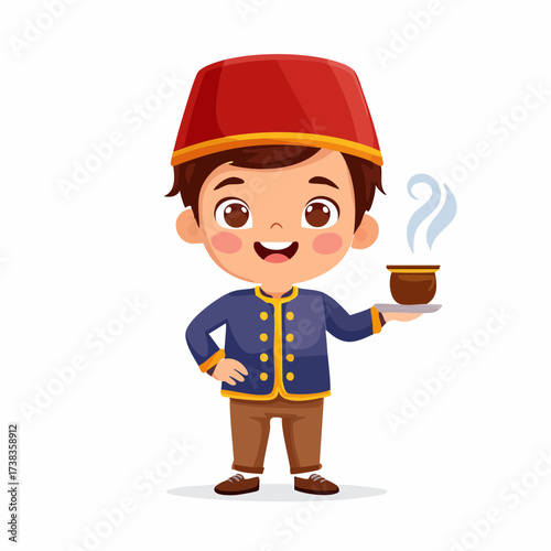 Petit personnage cartoon avec fez et café