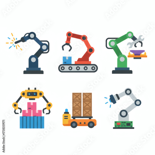 Industrial robotic arms icons isolated on white background