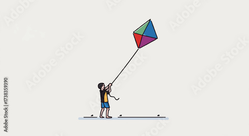 Boy Flying Colorful Kite on a Bright Day Represents Childhood Joy and Freedom