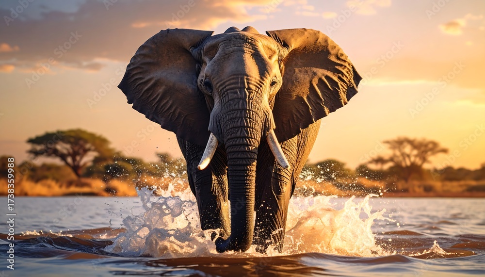 Fototapeta premium Majestic Elephant Walking Through Water at Sunset in African Savanna.