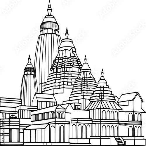Architectural Majesty: A photorealistic, high-contrast outline of an elaborate building structure, designed with intricate details, showcasing the magnificence of its construction.