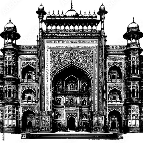 Taj-ud-Daula Mausoleum Architecture: A majestic black and white illustration showcasing the intricate details and grandeur of the Taj-ud-Daula Mausoleum, a symbol of historical significance.
