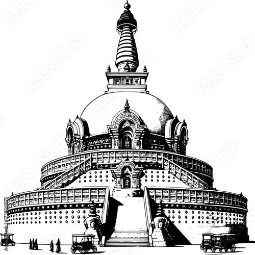 Ink Stupa in the City: The image shows a detailed black and white rendering of a majestic stupa temple with its intricate architecture set against the backdrop of the city.