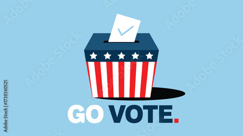 Go Vote illustration with ballot box styled in American flag colors and checkmark ballot, promoting civic engagement and democratic participation
