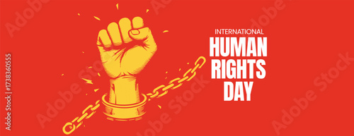Human Rights Day horizontal banner template with raised fist breaking chains, protest silhouette background, equality awareness design for social media cover and global freedom vector illustration