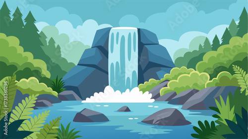 A tranquil waterfall flowing gently over smooth stones surrounded by a vibrant oasis of ferns and wildflowers.
