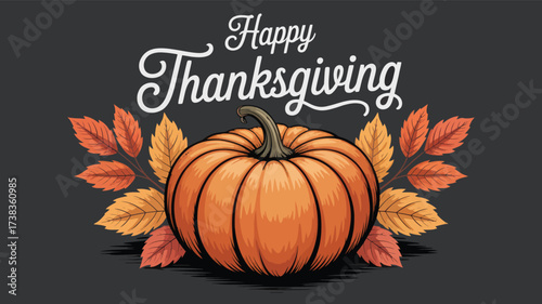 Thanksgiving design with central pumpkin, autumn leaves, and elegant white script on dark background, celebrating seasonal warmth and gratitude