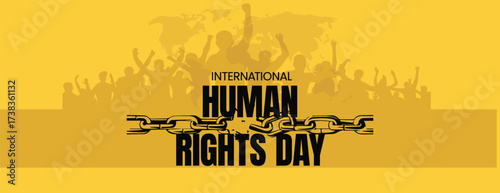 Human Rights Day Horizontal Banner Template with Raised Fist and Broken Chain Silhouette, Protest Awareness Social Media Cover Design for Equality, Freedom, and Global Justice Vector Background