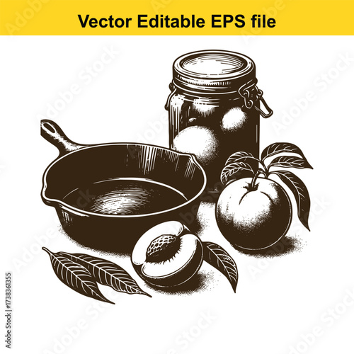 Vector art of vintage cast iron skillet with jar of fruit and peach