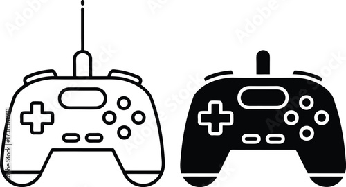 Two game controllers with plus button one outline one solid black on white video game joystick