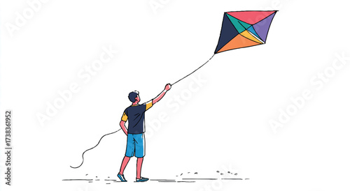 Cartoon illustration of a young man flying a colorful kite with an open white sky and space