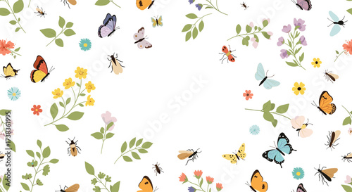 A vibrant watercolor background adorned with assorted blooming flowers and fluttering insects.