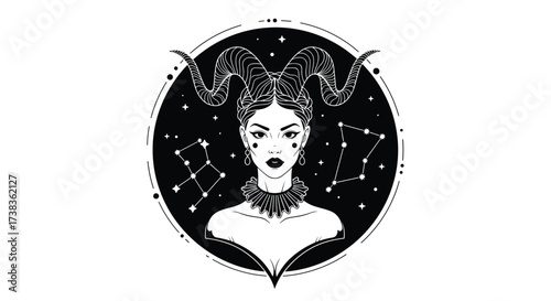 Mysterious woman with ram horns against a starry background.