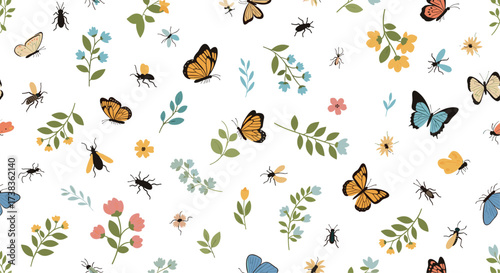 A delicate pattern featuring small insects and blooming flowers.