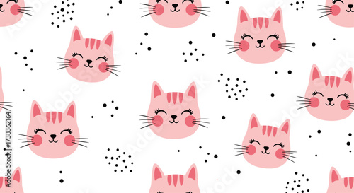 A cute pink cat faces pattern with little dots and squiggles.