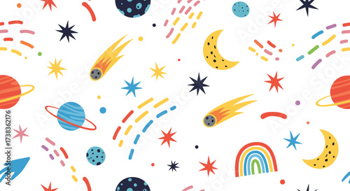 A whimsical cartoon pattern with celestial bodies and cosmic elements.