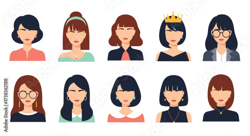 Collection of ten diverse female avatars with different hairstyles and outfits.