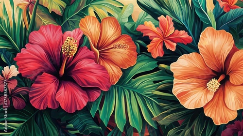 Wallpaper Mural Hibiscus Flower Garden A Vibrant Floral Arrangement with Lush Green Foliage Torontodigital.ca