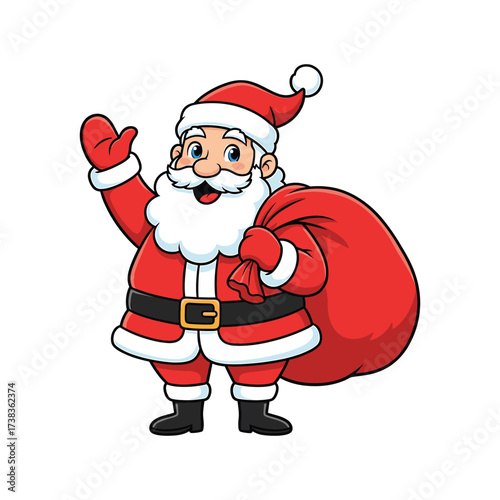 Cheerful cartoon Santa Claus waving with a sack of gifts Christmas holiday
